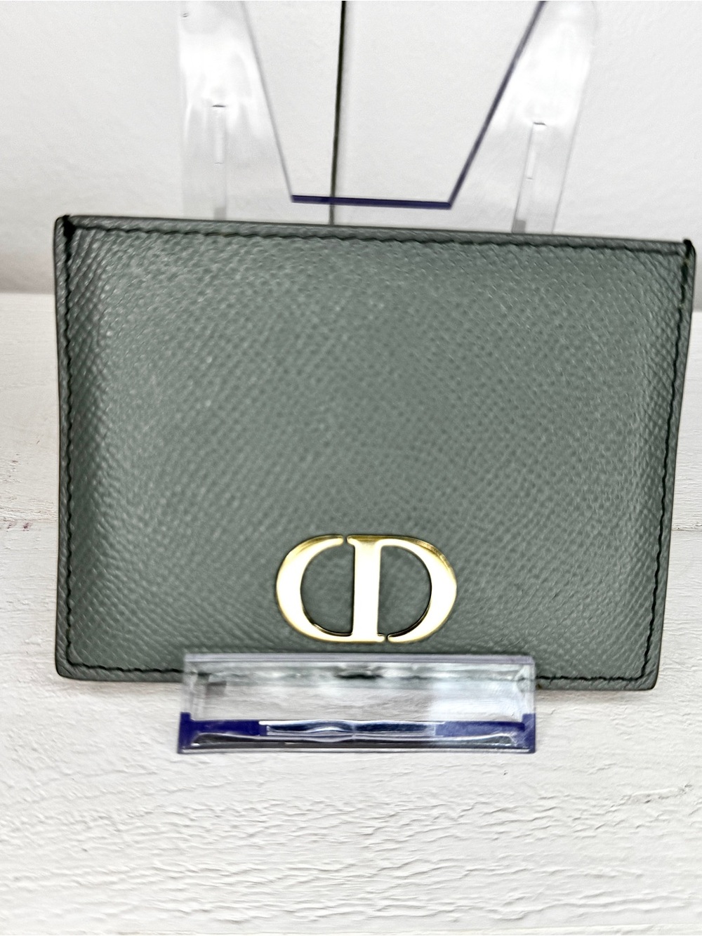 Christian Dior CD Icon Grained Leather Card Holder Wallet Gray/Gold Hardware